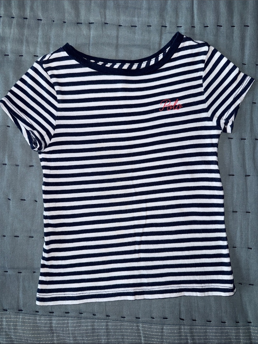 Polo by Ralph Lauren Navy & White Striped Short Sleeve Tee with Red Script